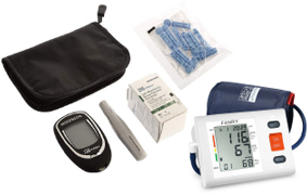 blood pressure cuff, blood sugar testing kit